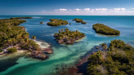 Fototapeta premium Tropical Coastline Landscape in Florida Keys With Turquoise Water, Palm Trees, and Islets Under Sunny Weather on a Clear Day