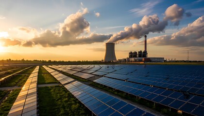 Obraz premium Expansive solar farm bathed in golden sunset light with a distant power plant emitting steam into the sky