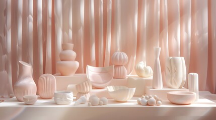 Soft pastel ceramic pottery display with delicate textures and light