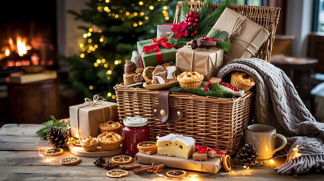 Cozy christmas gift basket overflowing with festive treats and warmth by a fireplace and tree