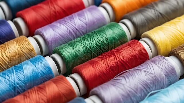 A vibrant, dynamic close-up shot panning across an organized collection of colorful sewing threads arranged in neat rows. The video showcases a rich spectrum of hues, including reds, greens, yellows, 