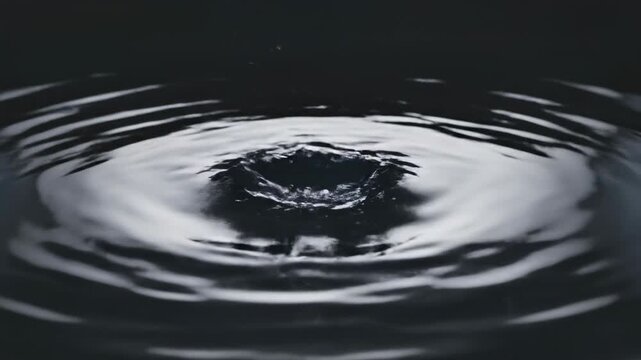 Extreme slow motion capture of perfect concentric water ripples expanding outwards that suddenly reverse direction and collapse inward demonstrating time reversal unusual, smooth, liquid surface