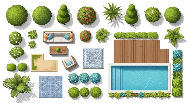 Top down view of backyard landscape design elements and pool
