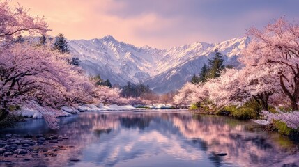 Fototapeta premium Cherry Blossom River Valley With Pink Sakura Near Mountains and Pastel Sunrise Sky Creates a Scenic Outdoor View