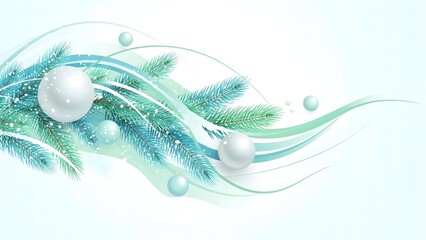 Winter holiday celebration background with decorative blue pine needles, shiny white spheres, and graceful swirls