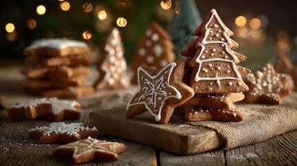 Homemade Christmas gingerbread cookies shaped like trees and stars on a rustic wooden board with festive lights in the background.