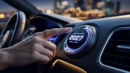 Close up of a woman s hand with rings touching a futuristic car dashboard displaying the year 2027