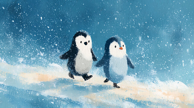 Cute watercolor illustration of two baby penguins walking together through snow, winter landscape and falling snowflakes.