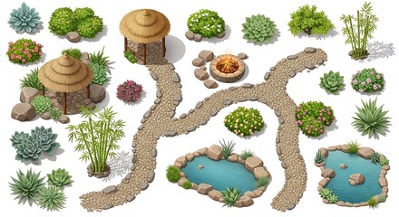 Top down view of a miniature zen garden landscape design elements