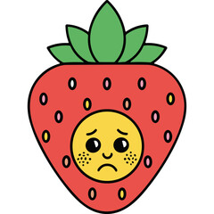 Obraz premium Sad Strawberry Character Fruit with Green Leaves and Red Skin with Black Seeds and Yellow Face with Freckles and Dark Eyes and Mouth Looking Down