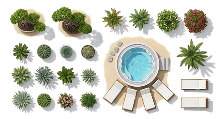 Aerial view of a spa area with various succulents and lounge chairs