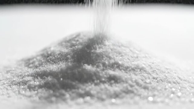 Extreme slow motion macro shot focusing on fine pure white sand grains gently cascading and settling into a perfectly smooth surface creating a tranquil texture tranquil, pure, close