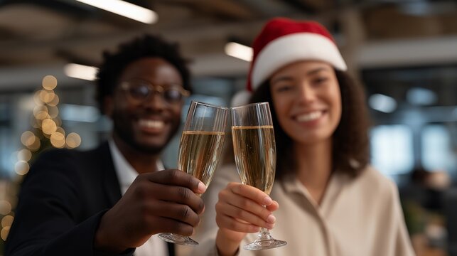 Remote employees celebrating Christmas virtually with festive backgrounds, digital games, and online toasts — an innovative and inclusive image of hybrid work culture and digital togetherness in