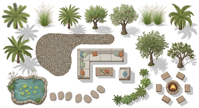 Top down view of garden design elements and furniture layout