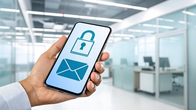 Person holding smartphone displaying encrypted email interface
