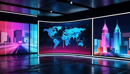 Futuristic digital cityscape with glowing world map display and neon skyscrapers in a modern studio setting