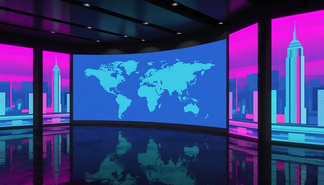 Futuristic digital newsroom studio with global map displayed on curved screen and cityscape background