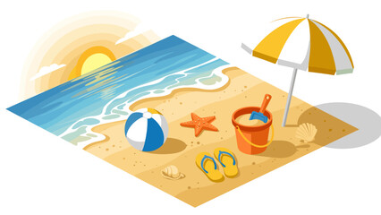Sunny beach scene with sand toys and umbrella in isometric design