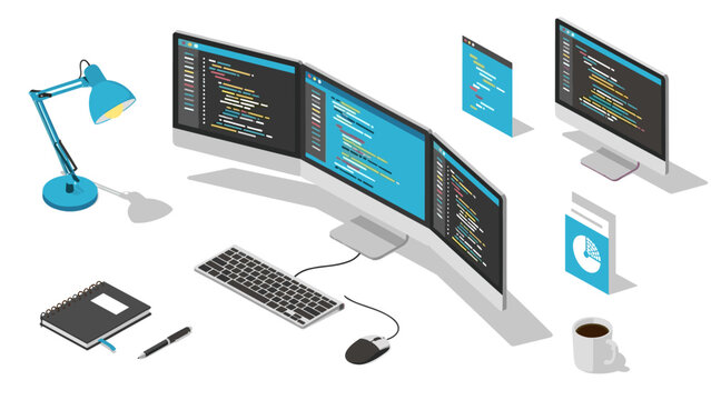 Modern workspace isometric design with computer monitors and programming code