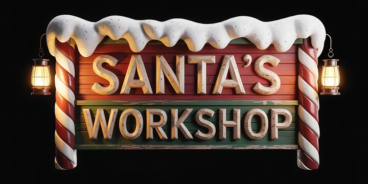 Festive santa s workshop sign with candy cane posts and glowing lanterns evoking christmas magic and holiday cheer