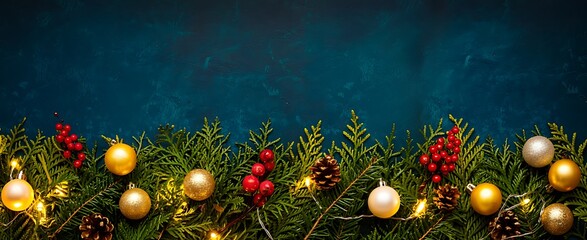 Festive christmas garland with warm glowing lights and natural pine cones and red berries on a dark blue background