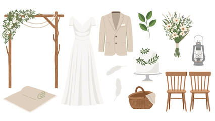 Rustic wedding elements set with dress, arch, decor, and accessories