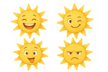 Sun emoji characters expressing various emotions with funny faces, feeling happy, winking, silly, and angry