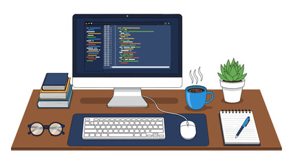 Modern workspace with computer monitor and coding on desk