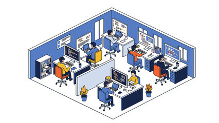 Obraz premium Modern isometric office with programmers collaborating in a shared workspace environment