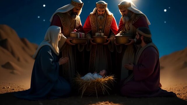 Bethlehem, the Holy Family over Jesus, the three kings came