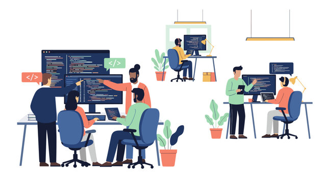 Collaborative programming team in modern office setting: flat style illustration