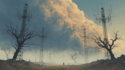 Eerie Landscape with Towers and Ominous Clouds - A Post-Apocalyptic Vision.