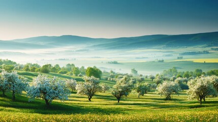 Spring Countryside Landscape With Green Fields, Flowering Trees, and Morning Mist Under Soft Sunrise Light in a Panoramic View