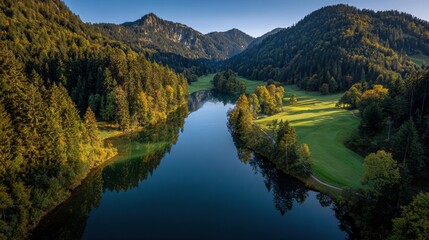Fototapeta premium Exploring a Clear Lake in the Bavarian Alps With Emerald Reflections and Green Meadows Under Bright Sunlight in the Summer