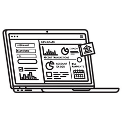 Outline Vector Laptop with Digital Financial Dashboard and Banking Icon