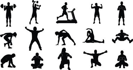 Fitness silhouettes of men and women exercising, running, lifting weights, and stretching, athletic training vector for gym and workout design