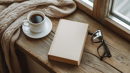 Cozy morning scene with a cup of black coffee an open book and reading glasses on a wooden windowsill next to a warm blanket