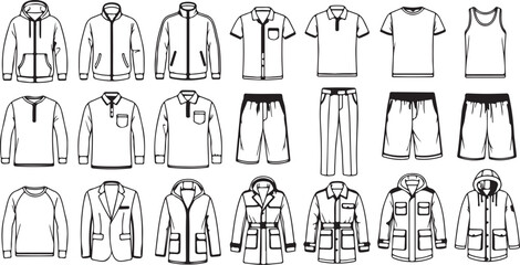 Collection of black and white line art icons representing various types of mens clothing, including jackets, shirts, and shorts