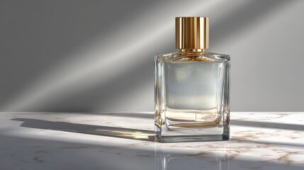 Elegant Perfume Bottle on Marble Surface with Light and Shadow Play.