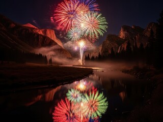 Spectacular fireworks display over yosemite valley with river reflection celebration