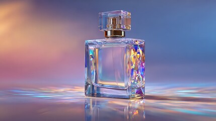 Elegant Perfume Bottle on Reflective Surface with Colorful Lighting.