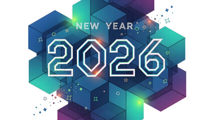 Fototapeta premium New Year 2026 vector design modern geometric illustration with cubes and stars isolated on white background