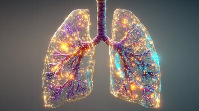Bright human lungs with glowing bronchial branches and detailed alveoli, bioluminescent anatomical illustration, soft radiant light, ultra-detailed respiratory structure