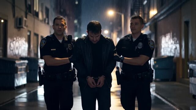 Two police officers arresting a man in dark alley with streetlights. Police leading suspect in handcuffs  