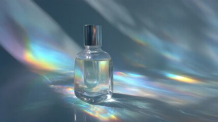 Elegant Perfume Bottle with Rainbow Light Reflections.