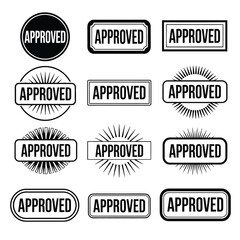 Collection of vintage approved stamp designs with sunburst accents
