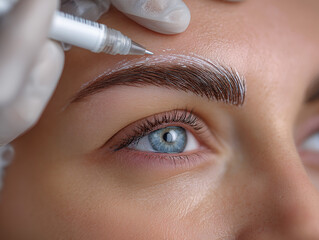 A trained beautician uses a white pencil to precisely outline a client's eyebrows in preparation for microblading or semi-permanent cosmetic application within a specialized salon setting.