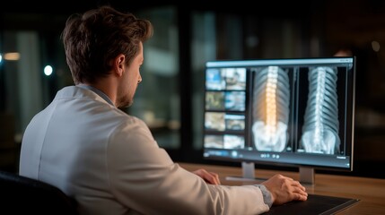 A chiropractor examining spinal posture using a digital posture scanner, real-time heatmap visuals showing curvature deviations and alignment points — advanced spinal diagnostics, modern