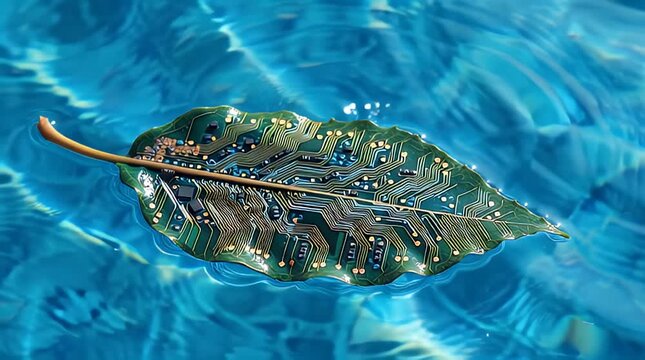 A digitally rendered image of a leaf integrated with a circuit board floating on blue water