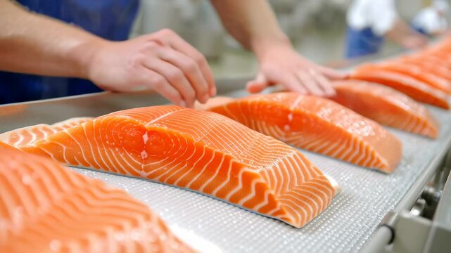A dedicated worker carefully packages fresh salmon fillets in a vibrant food processing plant filled with activity, ensuring quality and efficiency at each step